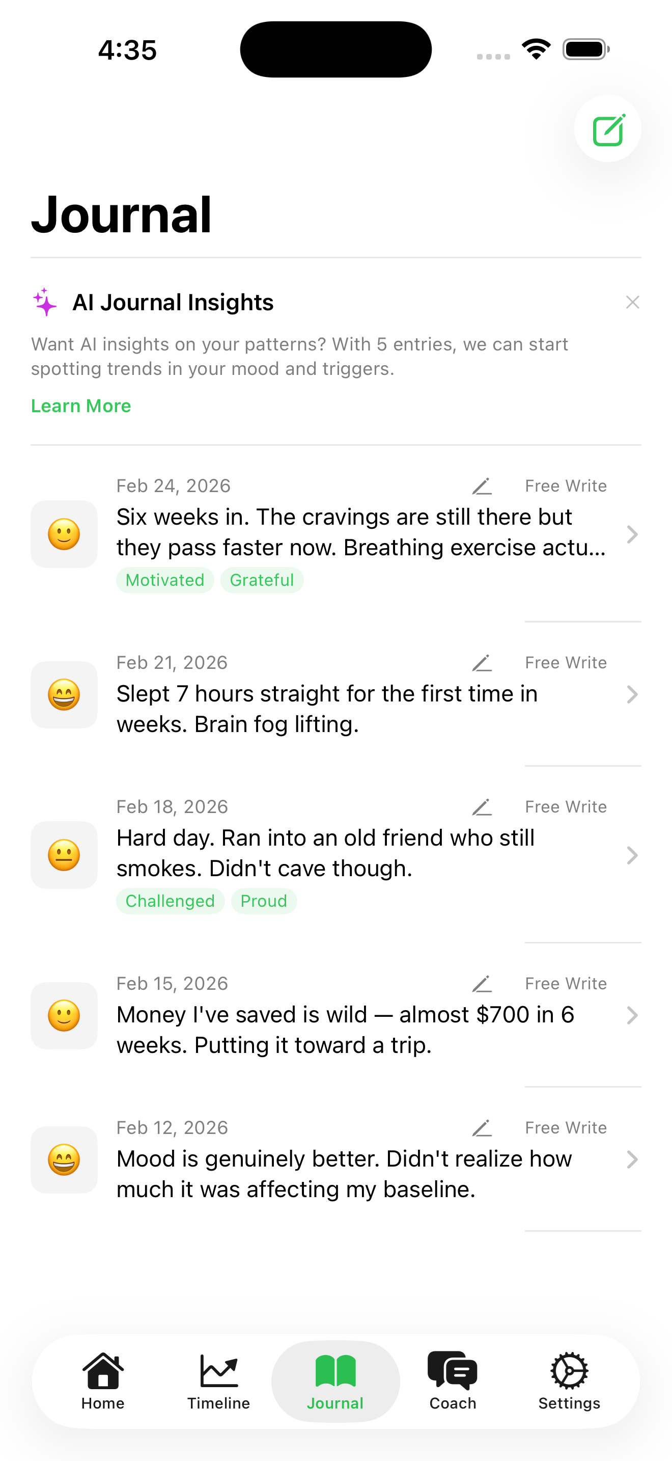 Journal entry screen with mood tracking